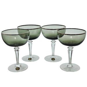 4 Sasaki Silver Rim Grey Champagne Coupes 5.5" Glasses toasting mid century mode